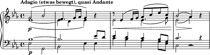 
\relative c'' {
  \new PianoStaff <<
    \new Staff <<
      \new Voice { \set Score.tempoHideNote = ##t \tempo "Adagio (etwas bewegt), quasi Andante" 4 = 45 } {
        \clef "treble" \key es \major \stemUp \set Staff.midiInstrument = #"string ensemble 1" \time 4/4 | % 1
        g2 \p ^( bes2 |
        f4. g16 as16 g4 ) s4 |
        r8 \< es4 ^( f16 g16 ) as8 ^( c8 es8 c8 ) |
        bes2 \! \> ^( as4 \! ) s4 |
      }
      {
        \clef "treble" \key es \major \stemDown \time 4/4 |
        es1 _( _~ |
        es4 d4 es4 ) r4 |
        es2 \! es4. _( g8 ) |
        es2 \! _( as4 ) r4 |
      }
    >>
    \new Staff <<
      \new Voice { \set Staff.midiInstrument = #"string ensemble 1" {
        \clef "bass" \key es \major \stemUp \time 4/4 
        bes,1 \p ^~ |
        bes2. es8 d8 |
        es4 d4 c4 bes8 g8 |
        c2. c4\rest |
      }}
      \new Voice {
        \clef "bass" \key es \major \stemDown \time 4/4 
        es,2 g,2 |
        bes2 es4 es4 |
        c'4 bes4 as4 g8 es8 |
        c2 c2\rest |
      }
    >>
  >>
}
