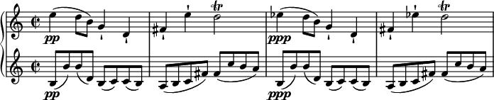 
{ \new PianoStaff <<
\new Staff \relative e'' { \set Staff.midiInstrument = #"piano" \key c \major \clef treble \time 2/2 \set Score.tempoHideNote = ##t \tempo 2 = 43
  e4 \pp ( d8 b8 ) g4 -! d4 -! | % 2
  fis4 -! e'4 -! d2 \trill | % 3
  es4 \ppp ( d8 b8 ) g4 -! d4 -! | % 4
  fis4 -! es'4 -! d2 \trill
  }
\new Staff \relative b { \set Staff.midiInstrument = #"piano" \key c \major \clef treble \time 2/2
  b8 \pp ( b'8 ) b8 ( d,8 ) b8
  ( c8 ) c8 ( b8 ) | % 2
  a8 ( b8 c8 fis8 ) fis8 ( c'8 b8 a8 ) | % 3
  b,8 \ppp ( b'8 ) b8 ( d,8 ) b8 ( c8 ) c8 ( b8 ) | % 4
  a8 ( b8 c8 fis8 ) fis8 ( c'8 b8 a8 ) }
>> }

