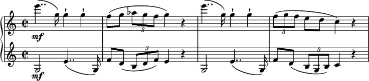 
{ \new PianoStaff <<
\new Staff \relative e''' { \set Staff.midiInstrument = #"piano" \key c \major \clef treble \time 2/2 \set Score.tempoHideNote = ##t \tempo 2 = 43
  e4.. \mf ( g,16 ) g4 -! g4 -! | % 2
  f8 [ ( g8 ]\noBeam \once \override TupletBracket #'stencil = ##f
  \times 2/3  {
    as8 g8 f8
  }
  g4 ) r4 | % 3
  e'4.. ( g,16 ) g4 -! g4 -! | % 4
  \once \override TupletBracket #'stencil = ##f
  \times 2/3  {
    f8 ( g8 f8
  }
  e8\noBeam [d8 ]c4 ) r4
  }
\new Staff \relative g { \set Staff.midiInstrument = #"piano" \key c \major \clef treble \time 2/2
  g2 \mf e'4.. ( g,16 ) | % 2
  f'8\noBeam [d8 ]( \once \override TupletBracket #'stencil = ##f
  \times 2/3  {
    b8 d8 f8 )
  }
  e4 r4 | % 3
  g,2 e'4.. ( g,16 ) | % 4
  f'8 \noBeam [d8 ] ( \once \override TupletBracket #'stencil = ##f
  \times 2/3  {
    b8 g8 b8 )
  }
  c4 r4 }
>> }
