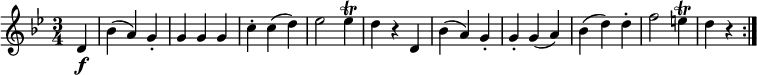  { \tempo 4 = 120 \set Score.tempoHideNote=##t \set Staff.midiInstrument = "violin" \relative d' { \key g \minor \time 3/4
\partial 4 d4 \f | bes'4( a) g-. | g4 g g | c4-. c( d) | es2 es4 \trill | d4 r d, |
bes'4( a) g-. | g4-. g( a) | bes4( d) d-. | f2 e4 \trill | d4 r \bar ":|." }} 