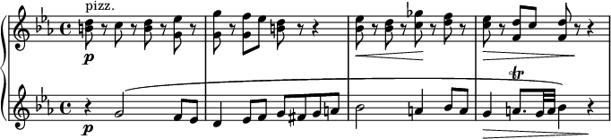 
{ \new PianoStaff <<
\new Staff \relative b' { \set Staff.midiInstrument = #"pizzicato strings" \key c \minor \clef treble \time 4/4 \set Score.tempoHideNote = ##t \tempo 4 = 50
  <b d>8 \p ^"pizz." r8 c8 r8 <b d>8 r8 <g es'>8 r8 | % 2
  <g g'>8 r8 <g f'>8 es'8 <b d>8 r8 r4 | % 3
  <bes es>8 \< r8 <bes d>8 r8 <c ges'>8 \! r8 <d f>8 r8 | % 4
  <c es>8 \> r8 <f, d'>8 c'8 <f, d'>8 r8 \! r4
  }
\new Staff \relative g' { \set Staff.midiInstrument = #"string ensemble 1" \key c \minor \clef treble \time 4/4
  r4 \p g2 ( f8 es8 | % 2
  d4 es8 f8 g8 fis8 g8 a8 | % 3
  bes2 a4 bes8 a8 | % 4
  g4 \> a8. \trill g32 a32 bes4 ) r4 \! }
>> }
