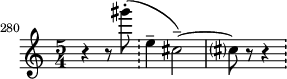  \relative c'''' {
    \set Score.tempoHideNote = ##t
    \tempo 4 = 144
    \set Score.currentBarNumber = #280
    \bar ""
    \set Staff.midiInstrument = #"flute"
    \time 5/4 r r8 gis8-.( \bar "!"
    e,4-- cis2--)~ cis?8 r8 r4 \bar "!"
  }
