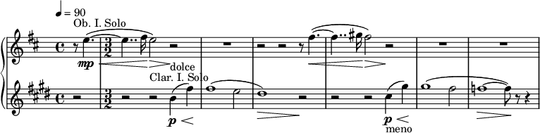  { \new PianoStaff << \new Staff \relative c'' { \set Staff.midiInstrument = #"oboe" \clef treble \time4/4 \tempo 4=90 \key b \minor \partial 2 r8^"Ob. I. Solo" e4.\mp\<~( | \time 3/2 e4.. fis16\! e2)\> r\! | R1*3/2 | r2 r r8 fis4.~(\< | fis4.. gis16\! fis2)\> r\! | R1*3/2 | R1*3/2 | } \new Staff \transpose bes c' \relative bes' { \set Staff.midiInstrument = #"clarinet" \transposition bes \clef treble \time 4/4 \key b \minor \partial 2 r2 | \time 3/2 r2 r^"Clar. I. Solo" a4(^"dolce"\p\< e')\! | e1( d2 | cis1)\> r2\! | r r b4-"meno"\p\<( fis')\! | fis1( e2 | ees1~\> ees8)\! r r4 |} >> }
