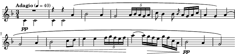 
{
	\clef treble \key d \minor \time 3/4
	\tempo "Adagio" 4 = 40
	\new Voice = "melody" {
		<<
			{
				\voiceOne
			 R2. r4 r4 a'4(
			}
			\new Voice {
				\voiceTwo
				c'4 \pp c'2 c'4 c'2
			}
		>>
		\oneVoice
		bes'2 a'4
		g'2 \tuplet 5/4 { a'16 bes' a' g' a' }
		c''8 bes'4 bes'8 \slashedGrace bes' a'16 g' a' c''
		a'4 g') a'\(
		\break
		g'2 a'4\<
		bes'2 c''8 d''
		e''4 e'' \tuplet 5/4 { f''16 g'' f'' e'' f'' }
		a''4\!( a''16) g''\> f'' e'' g'' f'' c'' a'\!
		bes'2 \pp a'4 g'2\)
	}
}
