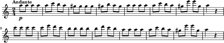
\new Staff {
  \time 2/4
  \clef treble
  \set Staff.midiInstrument = #"flute"
  \tempo Andante 4 = 85
  \set Score.tempoHideNote = ##t
  |
  a''8\p
  a''8
  a''8
  a''8
  |
  a''8
  c'''8
  b''8
  a''8
  |
  gis''8
  gis''8
  gis''8
  gis''8
  |
  gis''8
  b''8
  a''8
  gis''8
  |
  a''8
  a''8
  a''8
  a''8
  |
  a''8
  c'''8
  b''8
  a''8
  |
  gis''8
  e'''8
  e'''8
  gis''8
  |
  a''4
  b'4\rest
  |
  c'''8
  c'''8
  c'''8
  c'''8
  |
  c'''8
  e'''8
  d'''8
  c'''8
  |
  b''8
  b''8
  b''8
  b''8
  |
  b''8
  d'''8
  c'''8
  b''8
  |
  a''8
  a''8
  a''8
  a''8
  |
  a''8
  c'''8
  b''8
  a''8
  |
  gis''8
  e'''8
  e'''8
  gis''8
  |
  a''4
  b'4\rest
}
