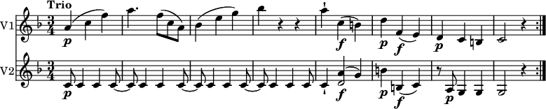 
<<
  \new Staff \with {
       instrumentName = #"V1" }
     \relative c'' {
         \version "2.18.2"
         \clef "treble"
         \tempo "Trio"
         \key f \major
         \time 3/4
          a4\p (c f)
          a4. f8 (c a)
          bes4 (e g)
          bes r4 r4
          a-! c,\f (b)
          d\p f,\f (e)
          d\p c b
          c2 r4 \bar ":|."
}
\new Staff \with {
         instrumentName = #"V2" }
  \relative c'' {
         \clef "treble"
         \key f \major
         \time 3/4
         c,8\p c4 c c8~
         c8 c4 c c8~
         c8 c4 c c8~
         c8 c4 c c8
         c4-! <<{a'\f ^(g)} {d2}>>
         b'4\p b,\f (c)
         r8 a8\p g4 g
         g2 r4 \bar ":|."
 }
>>
