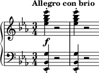 
{
\new PianoStaff <<
\new Staff << \relative c'' {
\clef treble
\key ees \major
\time 3/4
\tempo "Allegro con brio" \tempo 2 = 80
<ees g bes ees>4-.(_\f r2 q4-. r2 \bar "" } >>
\new Staff << \relative c {
\clef bass
\key ees \major
\time 3/4
<ees, bes' g'>4-. r2 q4-. r2 \bar "" } >>
>>
}

