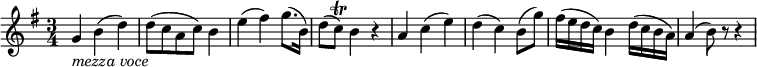  { \tempo 4 = 66 \set Score.tempoHideNote=##t \set Staff.midiInstrument = "violin" \relative g' { \key g \major \time 3/4
g4 _\markup{ \italic "mezza voce" } b( d) | d8( c a c) b4 | e4( fis) g8.( b,16) | d8( c) \trill b4 r |
a4 c( e) | d4( c) b8( g') | fis16( e d c) b4 d16( c b a) | a4( b8) r r4 }}
\layout { \context { \Score \override SpacingSpanner.common-shortest-duration = #(ly:make-moment 1/8) }} 