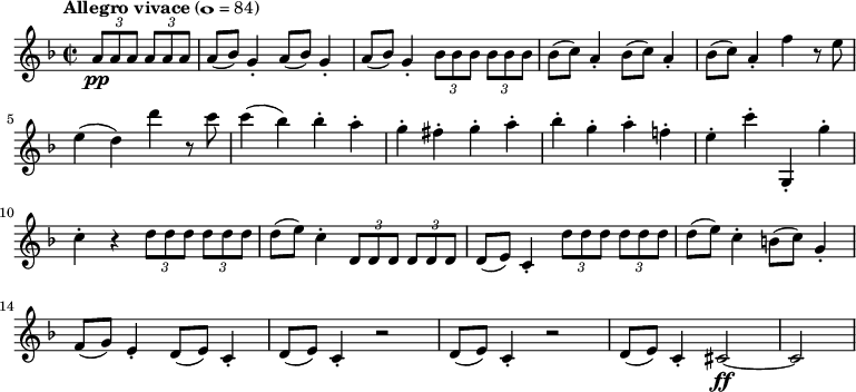 \version "2.14.1"
\layout {
	#(layout-set-staff-size 16)
}
\relative c'' {
	\new Staff {
		\tempo "Allegro vivace" 1 = 84
		\key f \major
		\time 2/2
		\partial 2 \tuplet 3/2 { a8\pp[ a a] } \tuplet 3/2 { a[ a a] }
		\repeat unfold 3 { a( bes) g4-. } \repeat unfold 2 { \tuplet 3/2 { bes8[ bes bes] } }
		\repeat unfold 3 { bes( c) a4-. } f' r8 e \break
		e4( d) d' r8 c
		c4( bes) bes-. a-.
		g-. fis-. g-. a-.
		bes-. g-. a-. f!-.
		e-. c'-. g,,-. g''-. \break
		c,-. r \repeat unfold 2 { \tuplet 3/2 { d8[ d d] } }
		d( e) c4-. \repeat unfold 2 { \tuplet 3/2 { d,8[ d d] } }
		d( e) c4-. \repeat unfold 2 { \tuplet 3/2 { d'8[ d d] } }
		d( e) c4-. b8( c) g4-.
		f8( g) e4-. d8( e) c4-.
		\repeat unfold 2 { d8( e) c4-. r2 }
		d8( e) c4-. cis2~\ff cis \bar "|"
	}
}