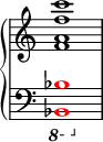 
{ \override Score.TimeSignature #'stencil = ##f
   \new PianoStaff <<
      \new Staff <<
         \relative c' {
             \stemUp \clef treble \key c \major \time 4/4
             <f a f' c'>1
             }
            >>
     \new Staff <<
         \relative c, {
             \clef bass \key c \major \time 4/4
             \ottava #-1 \once \override NoteHead.color = #red <bes bes'>1
             }
         >>
    >>
}

