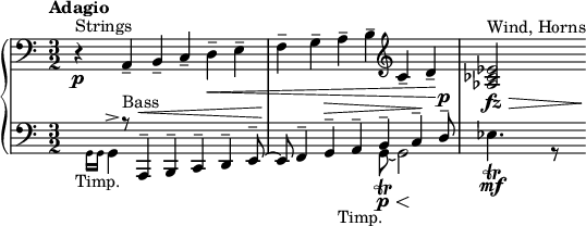 
{ \new PianoStaff <<
 \new Staff \relative c { \key c \major \time 3/2 \clef bass \tempo "Adagio" r4\p^"Strings" a4-- b4-- c4-- d4--\< e4-- | f4-- g4-- a4-- b4-- \clef treble c4-- d4--\! | <es ces as>2\fz\>^"Wind, Horns" s16\! }
 \new Staff \relative c { \key c \major \time 3/2 \clef bass << { s4 r8^"Bass" a,4--^\< b4-- c4-- d4-- e8--~ | e8\! \stemUp f4-- g4--^\> a4-- b4-- c4--\! d8--^\p| } \\ { \stemDown s8_"Timp." \grace { \stemDown g,16 [g16] } g4^> s8 s2 s2 | s2 s4_"Timp." s8 g8~ \trill\p\< g2\! | es'4. \trill\mf r8 s16 } >> } >> }
