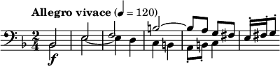 \relative c { \clef bass \time 2/4 \key d \minor \tempo "Allegro vivace" 4 = 120 << { bes2\f e f b~ | b8 a g fis | e16-. fis-. g8-. } \\ { bes,2 e~ | e4 d | c b | a8-. b-. c4 | s4 } >> } 
