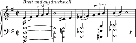 
\relative c' {
  \new PianoStaff <<
    \new Staff {
      \set Staff.midiInstrument = #"piano" \key g \major \clef treble \time 2/2 \set Score.tempoHideNote = ##t \stemUp \tempo 2 = 55
      d4 \p ^\markup \italic {"Breit und ausdrucksvoll" } (e4) \tuplet 3/2 { fis4 g4 a4 } |
      b2 cis,4 d4 |
      es4 (f4) \tuplet 3/2 { g4 a4 b4 } |
      b4 (c4) c2 |
    }
    \new Staff <<
      \new Voice \relative c' {
        \stemUp \clef bass \key g \major \time 2/2
        b1 ^~ |
        b2 b2 |
        b2. d4 |
        ees2. r4 |
      }
      \new Voice \relative c {
        \stemDown
        <g d'>1 \p ~ |
        <g d'>2 <g f'>2 |
        <g ees'>2. <gis f'>4 |
        <a ges'>2. s4 |
      }
    >>
  >>
}
