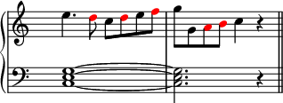 

\new PianoStaff <<
   \new Staff <<
    \set Score.tempoHideNote = ##t
    \tempo 4 = 100
    \override Staff.TimeSignature.transparent = ##t

              \relative c'' { e4. \tweak color #red d8 c \tweak color #red d e \tweak color #red f g g, \tweak color #red a \tweak color #red b c4 r4 \bar "||" }


     >>

    \new Staff <<
           \override Staff.TimeSignature.transparent = ##t
              \clef "bass"
              \relative c { <c e g>1 ~ <c e g>2. r4 }
     >>
 >>

