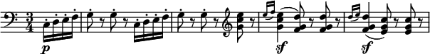  \relative c { \clef bass \key c \major \time 3/4 \set Staff.midiInstrument = #"french horn" \partial 4*1 c16-.\p d-. e-. f-. | g8-. r g-. r c,16-. d-. e-. f-. | g8-. r g-. r \clef treble \set Staff.midiInstrument = #"clarinet" <e'' c g> r | \grace { e16[( f]) } <e c g>4(\sf <d g, f>8) r <d g, f> r | \grace { d16([ e)] } <d g, f>4(\sf <c g e>8) r <c g e> r } 