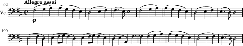 
\new Score {
  \new Staff {
    \relative c {
      \set Staff.instrumentName = #"Vc."
      \set Staff.midiInstrument = #"cello"
      \set Score.currentBarNumber = #92
      \time 4/4
      \key d \major
      \clef bass
      \tempo "Allegro assai" 2 = 60
      \set Score.tempoHideNote=##t
      \bar ""
        fis2\p( g4 a) | a4( g fis e) | d2( e4 fis) | fis4.( e8) e2 |
        fis2( g4 a) | a4( g fis e) | d2( e4 fis) | e4.( d8) d2 | \break
        e( fis4 d) | e( fis8 g fis4 d) | e( fis8 g fis4 e) | d( e a,) fis'~ |
        fis fis( g a) | a( g fis e) | d2( e4 fis) | e4.( d8) d2
    }
  }
}
