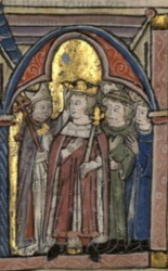 A bishops puts a crown on the head of a young man.
