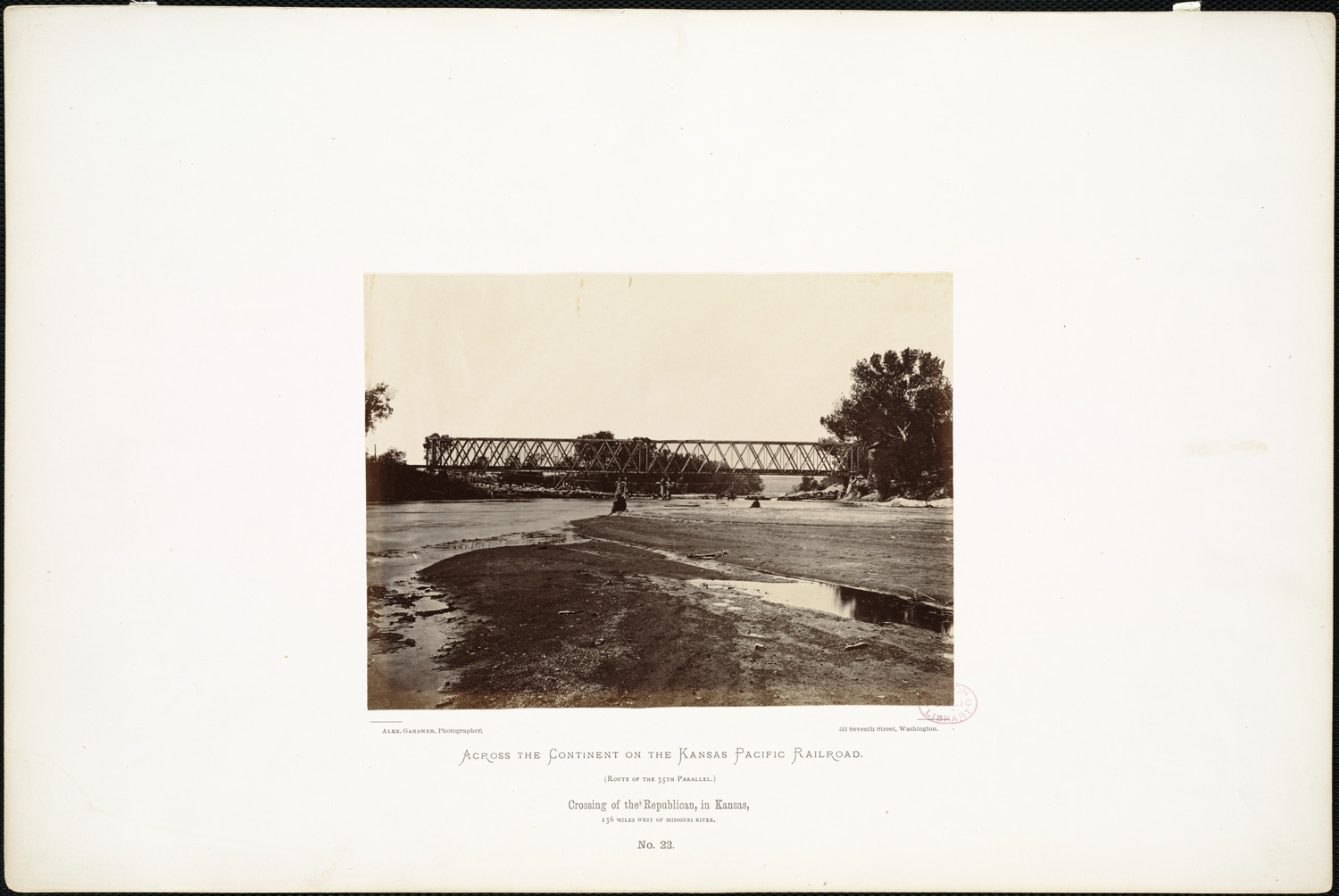 The Kansas Pacific Railway bridge across the Republican River and behind that, a pontoon bridge. [ Alexander Gardner (photographer), 1867][14] The present Union Pacific Railroad and Custer Road/Grant Road (previously U.S. Route 40) still bridge the Republican River at the same locations. Public access to the Kansas River National Water Trail is between the two bridges.