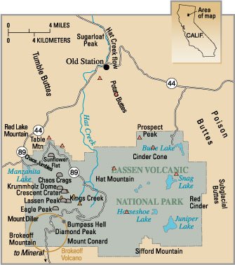 Map with large green area marked as Lassen Volcanic National Park with a circle is on the lower left corner. Other features, such as Chaos Crags, Brokeoff Mountain, Bumpass Hell and Cinder Cone are also labelled.