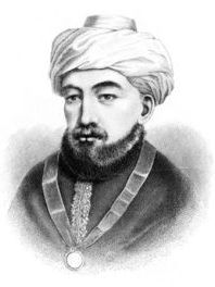 Black-and-white drawing of a bearded man wearing a turban