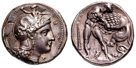 Silver coin showing Athena with Scylla decorated helmet and Heracles fighting the Nemean lion (Heraclea Lucania, 390-340 BC)