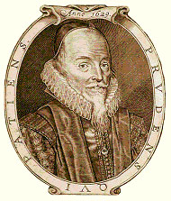 A mono-colour circular portrait of Edward Coke, portraying him dressed in a ruffled collar. He has a black cap on his head and a goatee