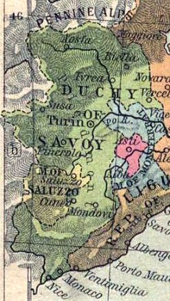 Map of Italy in 1494. Saluzzo is northwest, in magic mint (pale green).