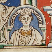 Image of Young Henry, crowned, raising his right hand.