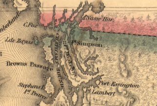 An 1841 American map showing the 54°40′ line near Fort Simpson as the boundary