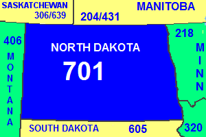 North Dakota numbering plan area and area code, with border states and provinces)