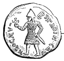 A coin depicting an armed man holding a sword