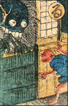 A large blue monster with a wide grin and balding grey hair peers over a gate.