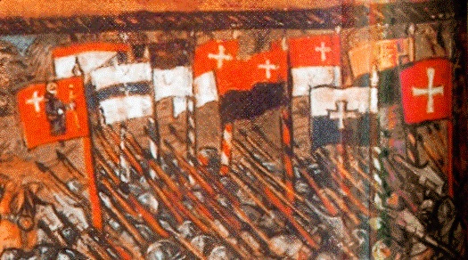 Ten cantonal war flags being carried in the Battle of Nancy (1477) in the depiction of the Luzerner Chronik of 1513. All flags of the Eight Cantons are shown, but the flags of Berne and Uri omit the heraldic animal, showing only the cantonal colours. In addition, the flags of Fribourg and Solothurn are shown, at the time not yet full members, who would join the confederacy in the aftermath of this battle. Each flag has the confederate cross attached.