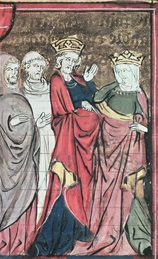 Accompanied by clerics, a man wearing a crown says goodbye to a crowned woman.