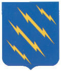 a blue shield with 4 diagonal yellow lightning bolts emblazoned across it