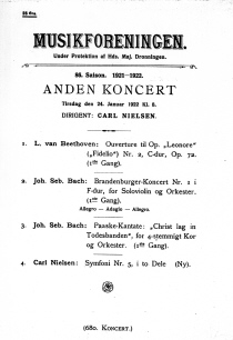 Poster advertising a concert programme at Musikforeningen with items by Beethoven, Bach, and lastly Nielsen's fifth Symphony, 1922