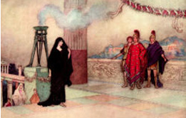 painting of scene from classical mythology with a young woman, veiled, to the left and three men in military dress on the right
