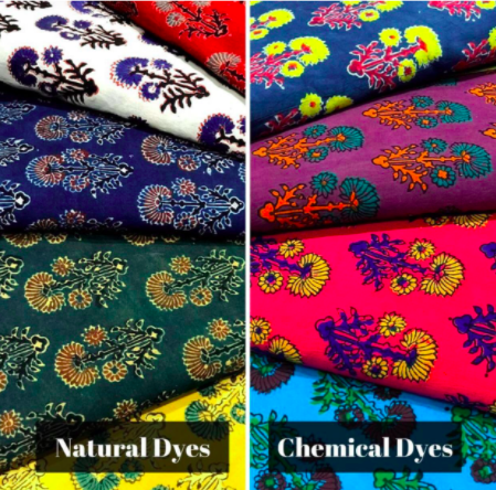 Visual comparison of the chemical and natural dyes used in Ajrak block print.