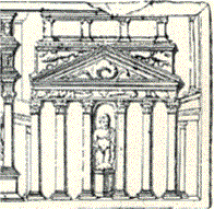 Line drawing of a Roman relief, showing a temple with six columns and a statue of a god in the centre.