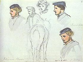 Several sketches of a person's head, some in color.