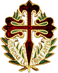 A red Cross of Saint James set upon a laurel wreath with the words, "Ciencias Letras e Artes"