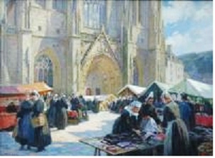 Market day scene in Quimper's Place Saint-Corentin.