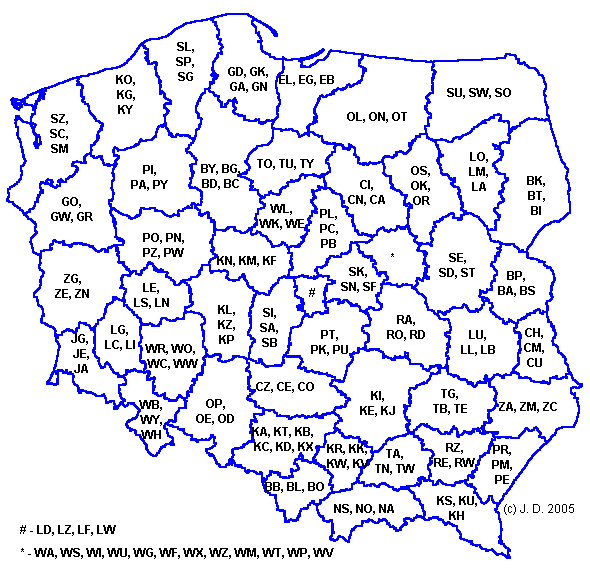 A map of the dated division of Poland with region codes visible