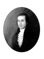 black and white miniature head and shoulders painting of fair-skinned man, dark hair, in early 19th century dress suit, large lace neckcloth