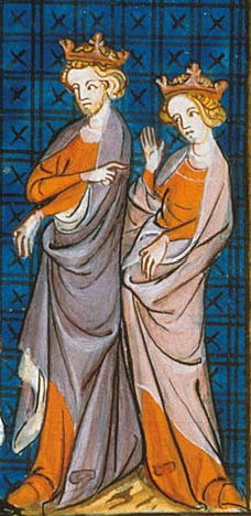 King Henry (left) and Eleanor (right) standing. Both are crowned and dressed in similar clothing. Henry points to Eleanor, who is raising her hand.