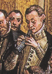 Depiction of the raggett being played in a consort of the Munich court musicians in the 1560s, detail (click through for context image). This may be the oldest depiction of a raggett.[2]