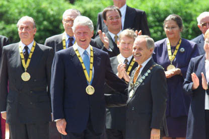 Bill Clinton, recipient in 2000, along with earlier recipients King Juan Carlos I of Spain, Václav Havel and Simone Veil
