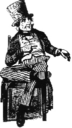 Seated white man with too-short striped pants, too-tight vest and jacket, and a top hat