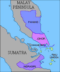 Map showing the partition of the Johor Empire before and after the Anglo-Dutch Treaty of 1824, with the post-partition Johor Sultanate shown in the brightest purple, at the tip of the Malay Peninsula[1]