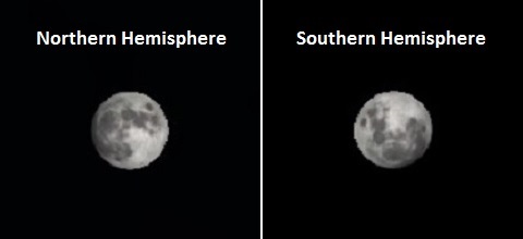 Moon's appearance for same longitude, but different hemispheres, 30 minutes after moonrise (generated model)